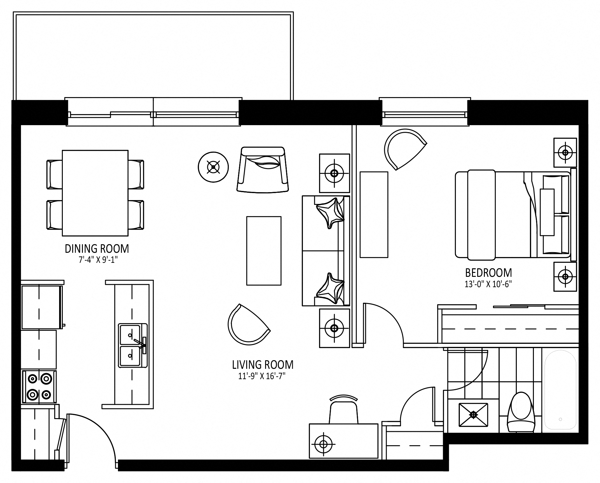 Floor plan for 1 bed, 1 bath, 716 sqft